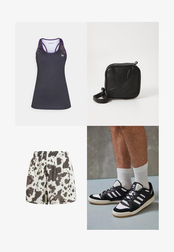 Czarny atletyczny top na ramiączkach z purpurowymi akcentami, z designsem racerback i teksturowanymi siateczkowymi bokami. Wykonany z tkaniny odprowadzającej wilgoć.; Szorty z troczkiem w kolorze kremowym z brązowym i czarnym wzorem w krowie plamy. Gładka faktura, luźny krój, szyty dół i elastyczny pas.; Czarno-białe sneakersy z zamszową i skórzaną cholewką, z trzema białymi paskami, perforowanym czubkiem i gumową podeszwą w kolorze gumy.; Czarna torba na ramię wykonana z teksturowanego materiału syntetycznego. Posiada wytłoczone logo oraz regulowany pasek. Zamek błyskawiczny.