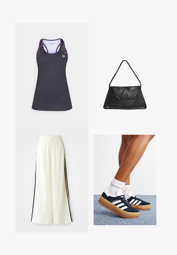 Canottiera sportiva nera con dettagli viola, caratterizzata da un design racerback e lati in mesh testurizzato. Realizzata in un tessuto traspirante che allontana l'umidità.; Pantaloni bianchi a gamba larga con elastico in vita e righe verticali nere lungo le cuciture esterne.; Sneakers in pelle scamosciata nera con strisce e dettagli bianchi, punta arrotondata, suola in gomma color gomme, abbinate a calzini bianchi a coste alla caviglia.; Borsa a tracolla in pelle nera con forma trapezoidale, caratterizzata da un design del logo Adidas in rilievo e una sottile tracolla. Chiusura a zip sulla parte superiore.