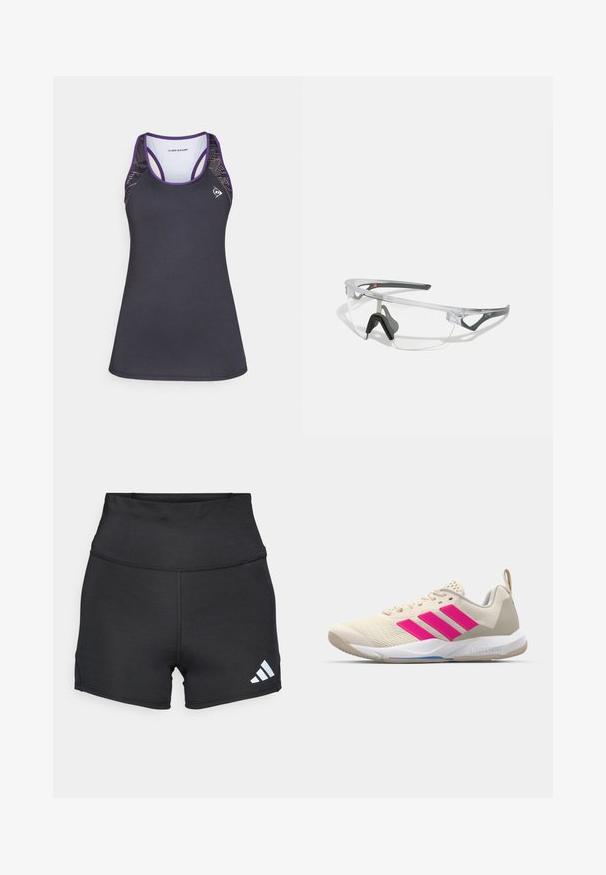 Fekete sportos trikó lila részletekkel, racerback kialakítással és texturált hálós oldalakkal. Nedvességelvezető anyagból készült.; adidas Performance Leggingek - black; Beige sportcipő rózsaszín háromsávos logóval, texturált hálós felső résszel, párnázott nyakkal és fehér gumitalppal, "LIGHTSTRIKE" márkajelzéssel.; Áttetsző, könnyű keretes biztonsági szemüveg szürke kiegészítőkkel. Wraparound kialakítással és állítható orrnyereggel rendelkezik.