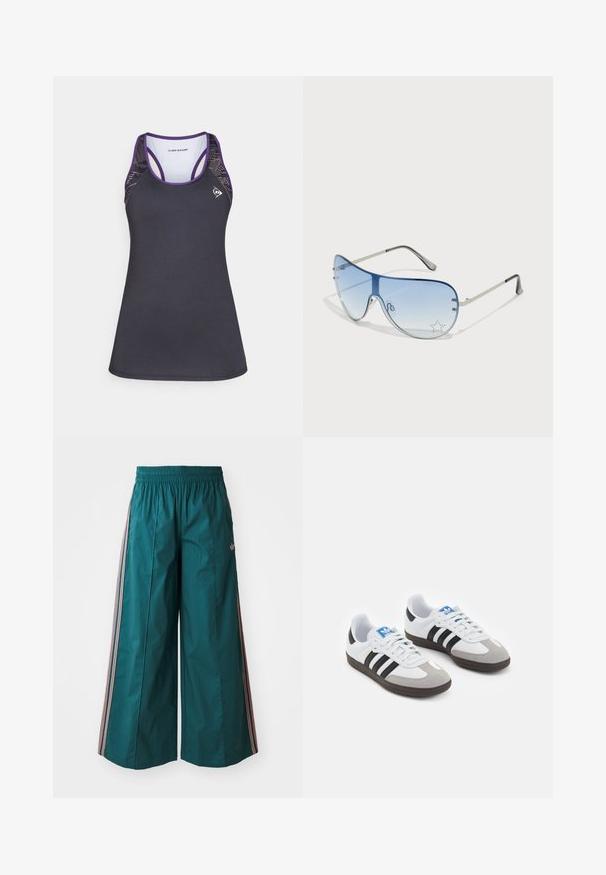 Zwarte sporttanktop met paarse accenten, met een racerback ontwerp en gestructureerde mesh zijkanten. Gemaakt van vochtregulerende stof.; Teal wijde broek met een elastische tailleband, voorzien van gestreepte accenten in roze en wit aan de zijkanten, gemaakt van lichte stof.; Sportschoenen met een witte leren bovenkant, grijze suède neus en drie zwarte strepen. Bevat een blauw logo op de tong en een gestructureerde rubberen zool.; Aviator zonnebril met een gradient blauwe lens, zilveren metalen frame en decoratieve sterrenaccenten op de lens. Glad en strak ontwerp.