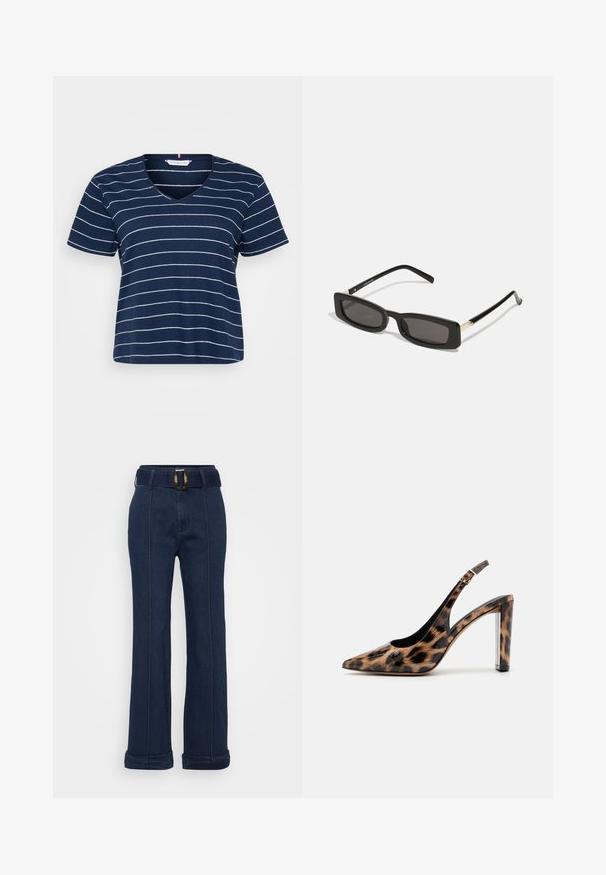 Navy spalvos V formos kaklo marškinėliai, pagaminti iš minkštos medvilnės, su horizontaliomis baltomis juostelėmis, trumpomis rankovėmis ir laisvu siluetu.; Tamsiai mėlynus džinsinius kelnius su plačia koja dizainu, užsegamu diržu su dideliu metaliniu sagtimi ir matomais siuvinėjimo akcentais.; Leopardų rašto slingback aukštakulniai su smailiu priekiu ir skaidriu blokuotu kulnu. Pagaminti iš blizgaus medžiagos su glotnia tekstūra.; Juodos stačiakampės akinių nuo saulės su tamsiais lęšiais, blizgančiais plastikinių rėmų ir auksiniais akcentais ant šventyklų. Minimalistinis dizainas ir elegantiška forma.; Geltona audinė piniginė su užsegimu, nuimamą rankinę juostą ir auksinį akcentą. Lygi tekstūra ir stačiakampis forma.; Sidabriniai auskarai su sklandžiu, poliruotu paviršiumi. Apvalios formos ir saugus uždarymo mechanizmas. Lengvas dizainas, tinkantis kasdieniam dėvėjimui.