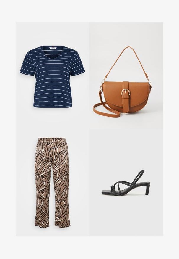 Mørkeblå V-hals t-skjorte laget av myk bomull, med horisontale hvite striper, korte ermer og avslappet passform.; Brune og kremfargede bukser med zebra-mønster, med strikk i livet, som har en vide benmodell og glatt tekstur.; Sorte sandaler med stropper, firkantet tå og lav blokk hæl. Har flere tynne stropper og en justerbar ankelstropp. Laget av glatt lær.; Brun lærcrossbody-veske med en buet form, gullhardware og et spenneakcent. Har en avtakbar skulderreim.