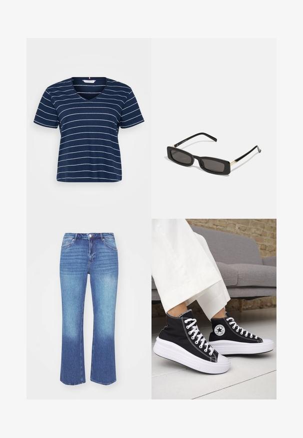 Camiseta de cuello en V azul marino, hecha de algodón suave, con rayas blancas horizontales, mangas cortas y un ajuste relajado.; Jeans de mezclilla en degradado de azul claro a medio. Presentan un corte recto, cinco bolsillos y costuras decorativas a lo largo de las costuras.; Zapatillas altas negras con suelas de goma blancas y cordones blancos. Presentan un parche redondo con logo y costuras blancas contrastantes. Material de lona.; Gafas de sol rectangulares negras con lentes oscuros, montura de plástico brillante y detalles dorados en las patillas. Diseño minimalista y forma elegante.
