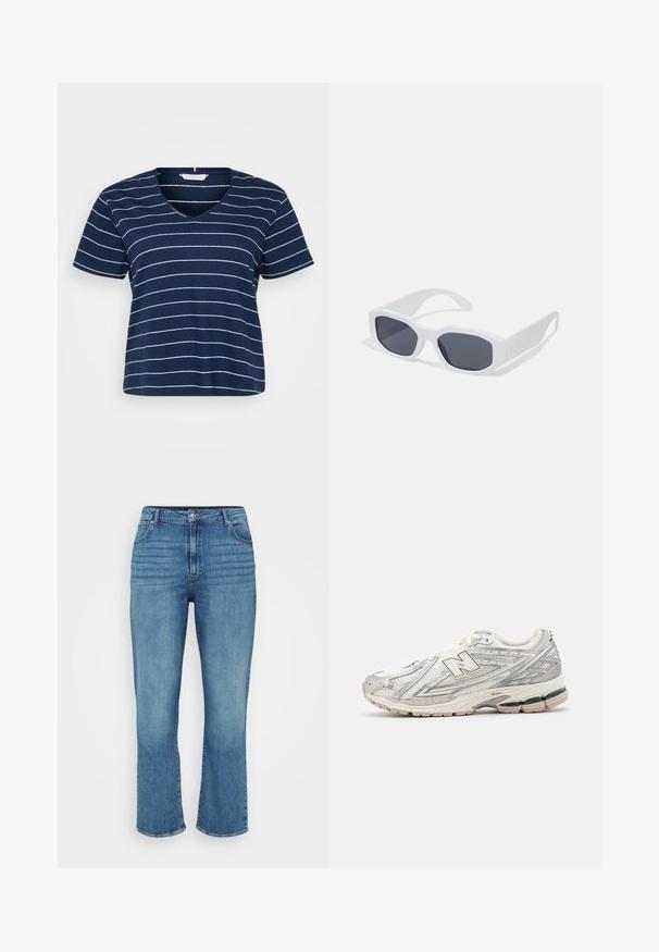 Mørkeblå V-hals t-skjorte laget av myk bomull, med horisontale hvite striper, korte ermer og avslappet passform.; Lyseblå denimjeans med rett ben-design, som har fem lommer, beltehemper og subtil falming på forsiden.; Løpeskoen har en sølv- og hvit mesh-overdel med grønn aksent. Sålen er tykk og teksturert, designet for demping og støtte.; Hvite rektangulære solbriller med mørke linser, en jevn matte overflate, og tykke stenger med en vinklet design.