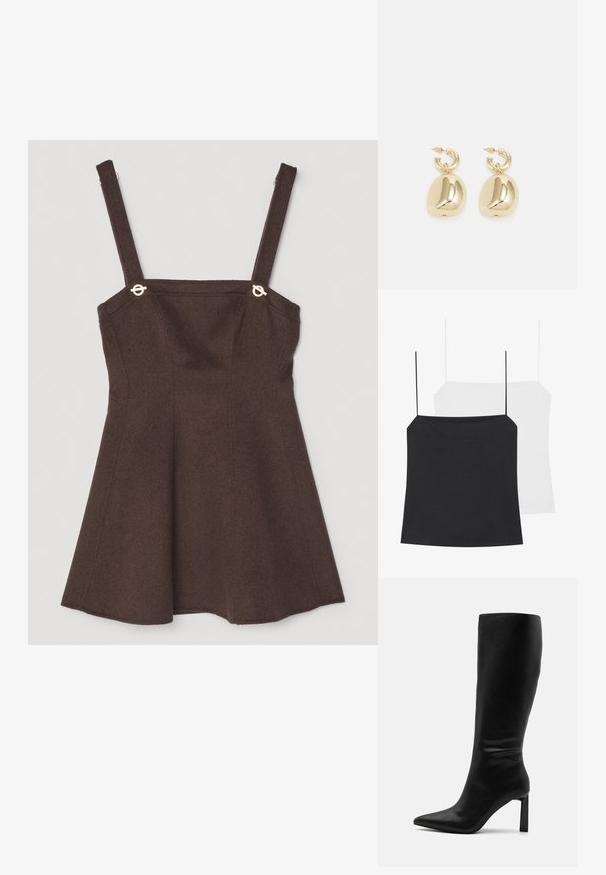 Kaksi topin tapaista esitellään: yksi musta ja yksi valkoinen. Molemmissa on ohuet olkaimet ja ne ovat tiukasti istuvia, valmistettu sileästä ja joustavasta kankaasta.; Ruskea hihaton mekko, jossa on säädettävät hihnat, kultasävyiset korostuselementit ja liehuva A-linjainen malli. Villasekoitekangas.; Even&Odd Saappaat - black; Kultaiset rengaskorvakorut, joissa on sileät, pyöristetyt ripustukset, joilla on heijastava pinta ja jotka roikkuvat teksturoidusta rengasliitoksesta.