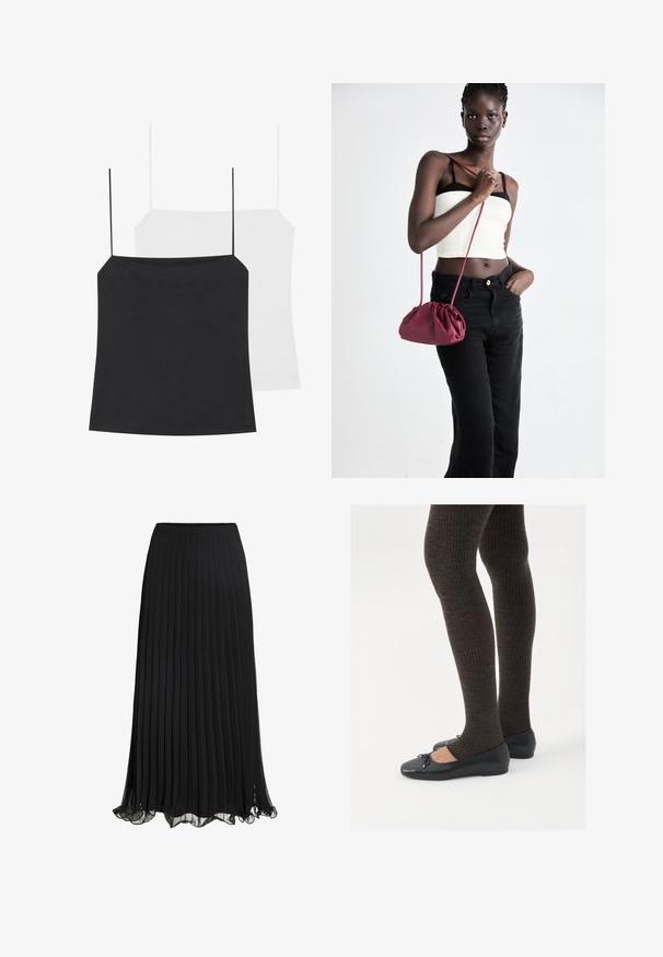 Deux débardeurs sont présentés : un noir et un blanc. Les deux ont des bretelles fines et un design ajusté en tissu lisse et extensible.; Jupe maxi plissée noire en tissu léger avec un design fluide. Comprend un ourlet volanté et une taille élastique pour le confort.; Chaussures plates noires avec un petit nœud au niveau des orteils, associées à des collants côtelés marron foncé. Les chaussures ont une texture lisse et un profil bas.; Sac à main en tissu doux bordeaux avec un design froncé et une longue sangle, porté en bandoulière. Le mannequin porte un top court blanc et un jean noir.