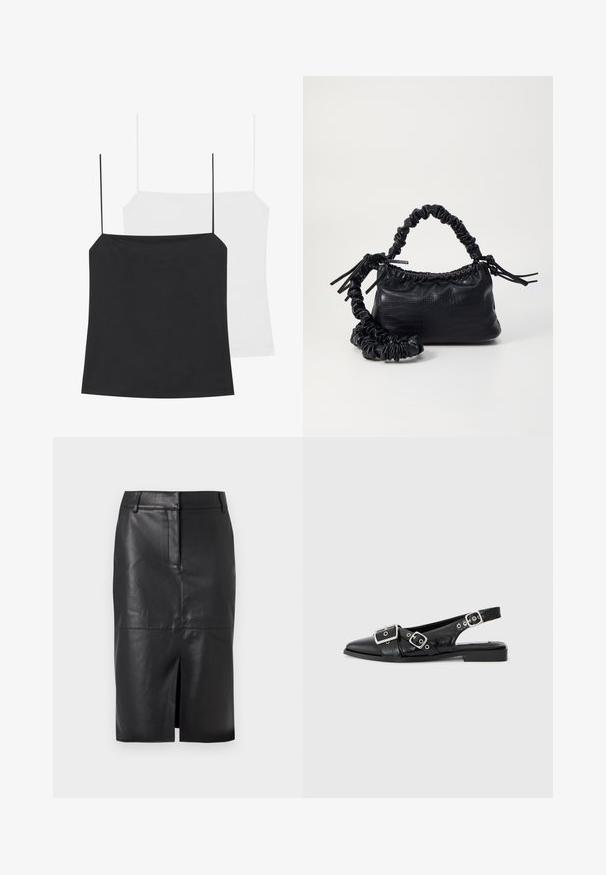 São mostrados dois tops de alças: um preto e um branco. Ambos têm alças finas e um design justo, feitos de um tecido liso e elástico.; Saia lápis de pele preta com uma fenda frontal, apresentando uma textura suave, dois bolsos laterais e uma silhueta ajustada.; Sapato slingback preto em couro com bico pontiagudo, duas fivelas prateadas e um salto baixo em bloco. Apresenta um cabedal texturizado e parte de trás aberta.; Bolsa de mão em couro sintético preto com textura de crocodilo, topo franzido e alça enrugada. Apresenta um design suave e compacto.