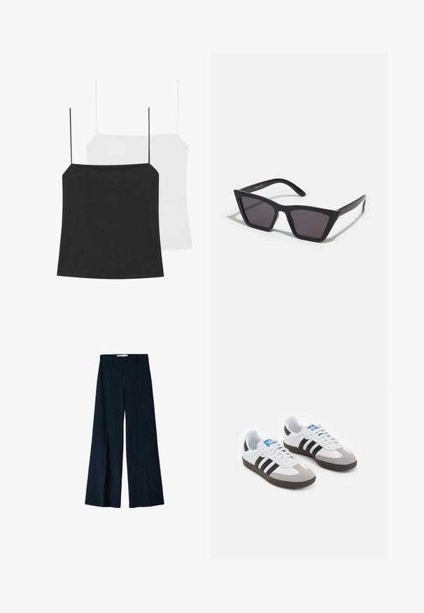 Two camisole tops are shown: one black and one white. Both have thin straps and a fitted design made from a smooth, stretchy fabric.; Navy wide-leg trousers made from a smooth fabric, featuring two front pleats and a single button closure at the waist.; Sport shoes with a white leather upper, gray suede toe, and three black stripes. Features a blue logo on the tongue and a textured rubber sole.; Black, angular sunglasses with gray lenses; made of plastic, featuring thick arms with a smooth surface and no visible hardware.