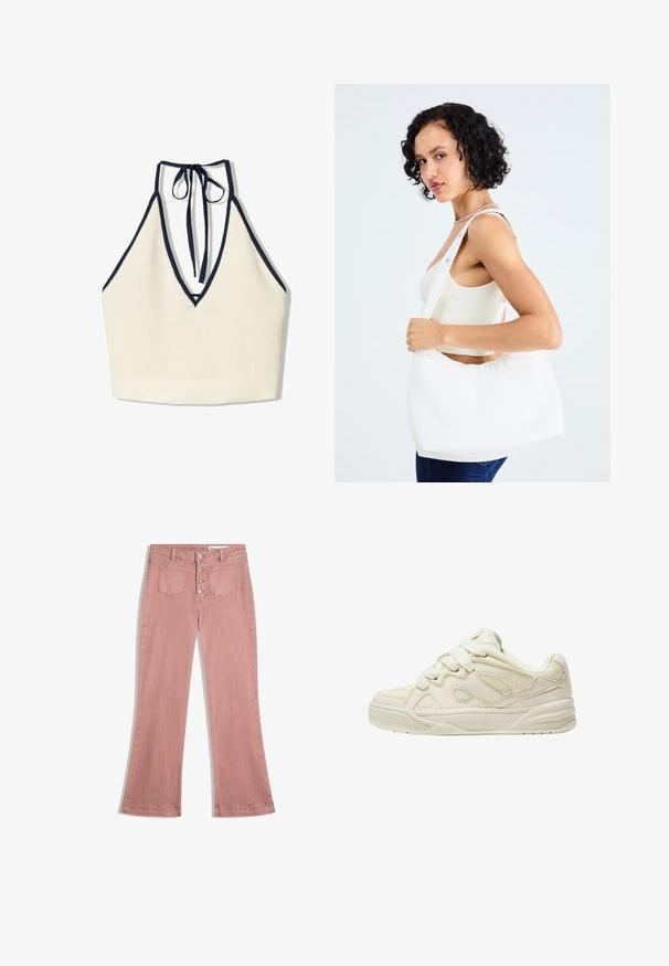 Krém színű, mély V-kivágású pántnélküli felső, tengerészkék díszítéssel, amely texturált kötött anyagból készült, és állítható nyakmegkötővel rendelkezik.; Rózsaszín, bővülő farmernadrág, enyhén kopott hatással, öt gombos záródással és két elülső zsebbel.; Beige sportcipők texturált felsőrészsel, kiemelkedő fűzőkkel, hálós panelek felfogott felsőrészen és vastag talppal. Ívelt dizájn párnázott bokarésszel a kényelem érdekében.; Fehér válltáska sima anyagból, ovális kivágással és széles pánttal. Egyszerű és modern, látható hardver nélkül.