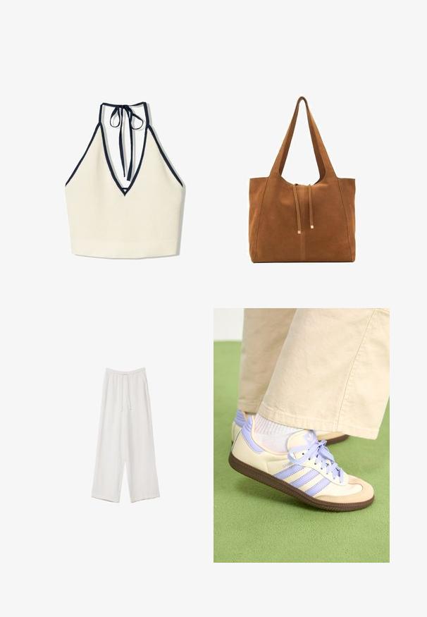 Kráľovo modrá halterská blúzka s hlbokým V-výstrihom a krémovými lemami, vyrobená z textúrovanej pleteniny a so nastaviteľným zaviazaním na krku.; Biele široké nohavice vyrobené z ľahkej tkaniny. Obsahujú elastický pás so sťahovacou šnúrkou a bočné vrecká. Hladká textúra.; Krémovo-fialové tenisky so tromi pruhmi a štruktúrovanou hnedou podrážkou, s šnúrkami a polstrovaným opätkom. Mäkký textilný zvršok.; Hnedá semišová taška cez rameno s dvoma dlhými popruhmi, sťahovacou šnúrkou a minimalistickým dizajnom. Hladký povrch a žiadne viditeľné kovové doplnky.