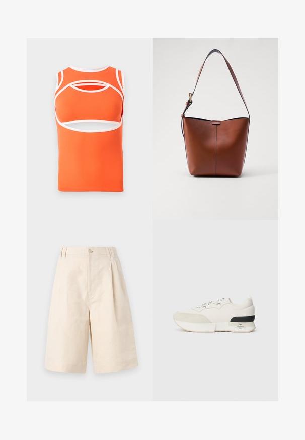 Oranges ärmelloses Oberteil mit weißen Akzenten, das über Aussparungen und ein tailliertes Design verfügt. Hergestellt aus glattem, dehnbarem Material.; Beige Leinen-Shorts mit lockerer Passform, ausgestattet mit einem Knopfverschluss, gefaltetem Design und knielangem Schnitt. Glatte Textur und schlichter Stil.; Weißer Sneaker mit einer strukturierten Wildleder-Zehenkappe, glattem Mesh-Obermaterial, dekorativen Schnürsenkeln und einem schwarzen Gummibezug an der Ferse.; Braune Leder-Schultertasche mit geschwungener Form, glatter Textur und einem einzelnen dünnen Trageriemen. Verfügt über eine dezente Naht und ein kleines Logodetail.