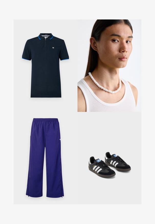 Námornícky modré polo tričko vyrobené z hladkej látky, s límcom na zips, krátkymi rukávmi s modrými akcentmi a malým logom na hrudi.; Fialové, ľahké športové nohavice s elastickým pásom a bočnými zipsami pri koncoch nohavíc. Hladká textúra s jemným leskom.; Čierne tenisky so zvrškom z semišu a syntetického materiálu, s tromi bielymi pruhmi, štruktúrovanou gumovou podrážkou a modrou logovou etiketou na jazyku.; Biele náhrdelník z mušlí pozostávajúci z nepravidelných tvarov, nosený cez priliehavé biele tielko. Hladký povrch s jemným leskom, tesne priliehajúce prevedenie.