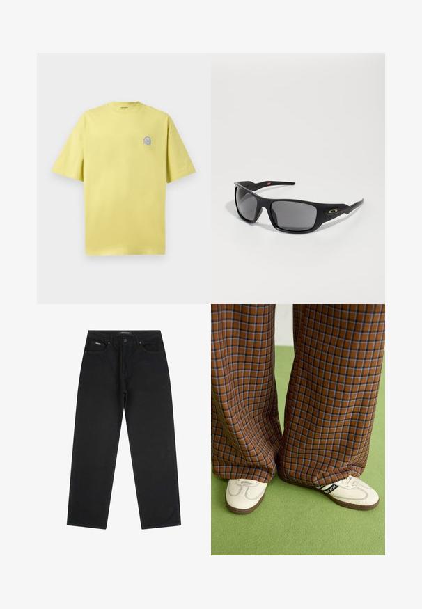Citrinos geltonas medvilninis marškinėliai trumpomis rankovėmis, apvaliu kaklu ir mažyčiu mėlynu logotipu ant kairiojo krūtinės. Minkšta tekstūra, laisvalaikio siluetas.; Juodi tiesūs džinsai su priekiniais mygtukais ir užtrauktuku, diržo kilpos ir penkių kišenių dizainu, gulintys ant balto fono.; Rudos ir mėlynos langelinės plačios kelnės, derinamos su baltais batais su juodais akcentais ir tekstūruotais padais, prieš žalią foną.; Juodos akiniai nuo saulės, stačiakampio formos, pagaminti iš tvirto plastiko, su pilkai nuspalvintais objektyvais ir auksiniu akcentu šone.