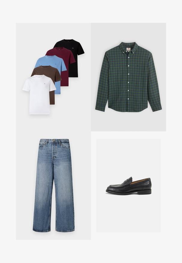Pet kratek rokav t-shirtov v beli, rjavi, modri, burgundski in črni barvi. Bombažen material, okrogli ovratniki in majhni logotipi na vsakem.; Srajca z dolgimi rokavi z gumbom, v zeleni, modri in rumeni karirasti vzorec, z belimi gumbi in ovratnikom z gumbom.; Široke modre denim hlače s blago obrabljenim tonom, zasnovo s petimi žepe in z gumbom za zapiranje. Opremljene so z zankami za pas in šivanjem detajlov.; Črne usnjene loafers cipele z gladko površino, zaobljenim nosom in dekorativnim šivom na vampu. Nizek zloženi peti in rahla sijaj.