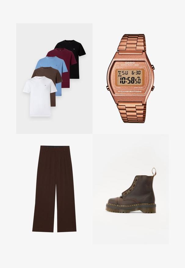 Five short-sleeve t-shirts in white, brown, blue, burgundy, and black. Cotton material, round necklines, and small logo accents on each.; Brown wide-leg trousers with pleats. Made of a smooth fabric, featuring a tailored waistband and side pockets. Flat hem at the bottom.; Brown leather ankle boot with a round toe, contrasting yellow stitching, decorative metal eyelets, and a grooved rubber sole.; Digital Casio watch with a rose gold metal band, rectangular case, illuminated display, and water resistance, showing time and date.