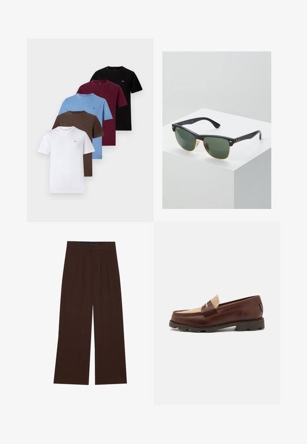 Päť tričiek s krátkym rukávom v bielej, hnedej, modrej, červenej a čiernej farbe. Bavlnený materiál, okrúhle výstrihy a malé loga na každom z nich.; Hnedé nohavice s širokými nohavicami a plisovaním. Vyrobené z hladkej látky, s upraveným pásom a bočnými vreckami. Rovný lem na spodnej časti.; Hnedé kožené loafers so taupe plátnovým akcentom, prešívaním a textúrovanou gumovou podrážkou navrhnutou pre pohodlie a trvácnosť.; Slnečné okuliare Ray-Ban so zelenými sklami, čiernymi plastovými rámami a zlatými akcentami na okrajoch. Štvorcový tvar s matným povrchom.