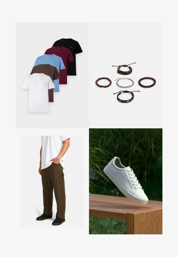 Pět triček s krátkým rukávem v bílé, hnědé, modré, burgundské a černé barvě. Bavlněný materiál, kulaté výstřihy a malé logo na každém z nich.; Hnědé cargo kalhoty s rovný střih, vybavené boční kapsou a hladkou texturou, kombinované s bílým tričkem a černými teniskami.; Bílé šněrovací tenisky, které se vznášejí nad dřevěnou lavicí, s zeleným listím v pozadí, předvádějící design a strukturu boty.; Sada pěti náramků obsahující hnědou kůži, dřevěné korálky a stříbrný řetěz; různorodé textury a tvary, s nastavitelnými uzávěry.