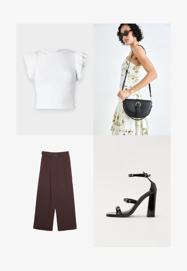 Valkoinen ribattu toppi lyhyillä, röyhelöillä hihoilla ja pyöreällä kaula-aukolla. Silkkinen tekstuuri, tiukka malli ja ei näkyviä kuvioita tai varusteita.; Stradivarius WIDE-LEG WITH BUCKLE DETAIL - Housut - dark brown; Musta kiiltävä korkokenkä sandaalit neliönmuotoisella varpaalla, nilkkaremmillä ja hopeisilla soljilla. Varustettu tukevalla lohkokorkealla vakauden takaamiseksi.; Musta nahkainen käsilaukku, joka on kaareva muotoilultaan, irrotettavalla hihnalla ja kultaisilla yksityiskohdilla. Laukussa on läppä, jossa on solk yksityiskohta.