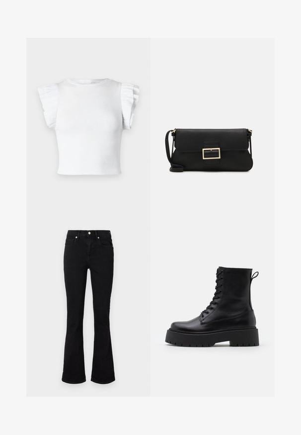 Bela rebrasta majica s kratkimi, naborkastimi rokavi in okroglo ovratnikom. Gladka tekstura, prilegajoča se zasnova in brez vidnih vzorcev ali kovinskih detajlov.; Črne široke kavbojke iz denima, z višjim pasom, sprednjimi žepi in gumbom za zapiranje. Gladka tekstura z minimalnimi šivi.; Črne usnjene gležnjarje z okroglo konico, vezalnim sprednjim delom in debelim gumijastim podplatom z teksturiranim profilom. Zanka na hrbtni strani.; Črna usnjena torbica na preklop z zlato kovinsko zaponko. Vključuje črn trak in eleganten, minimalističen dizajn.