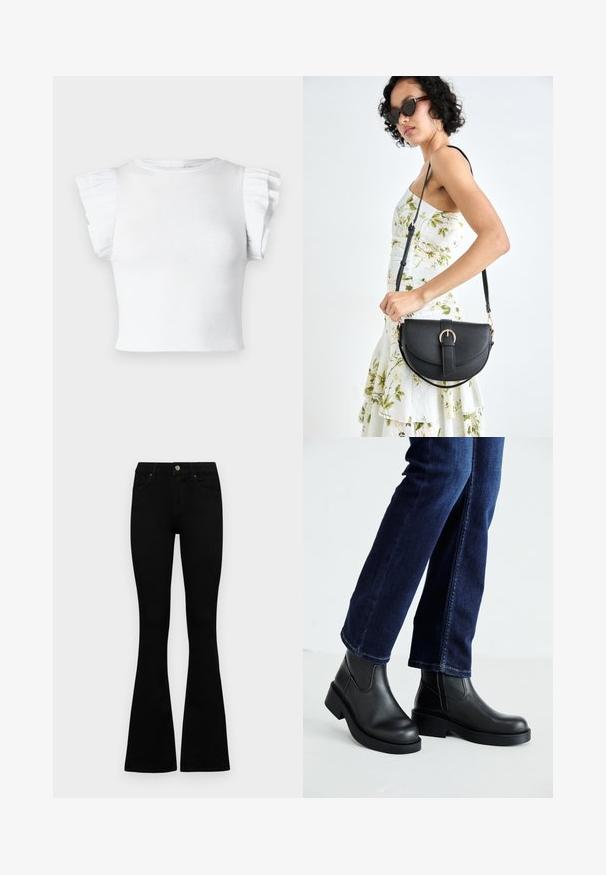 Fehér bordázott felső rövid, fodros ujjal és kerek nyakkivágással. Simára szőtt textúra, testhezálló fazon, látható minták vagy fém részek nélkül.; Fekete, magas derekú farmernadrág gomb- és cipzárzárral, elülső zsebekkel és harangszárral, laposan egy fehér háttérre terítve.; Fekete bőr bokacsizma vastag talppal és oldalán elnyújtott elasztikus betétekkel, sötétkék farmerral párosítva. A talaj világos színű.; Fekete bőrtáska ívelt formával, levehető pánttal és arany színű fémrészekkel. A táskán egy csattal díszített fedél található.