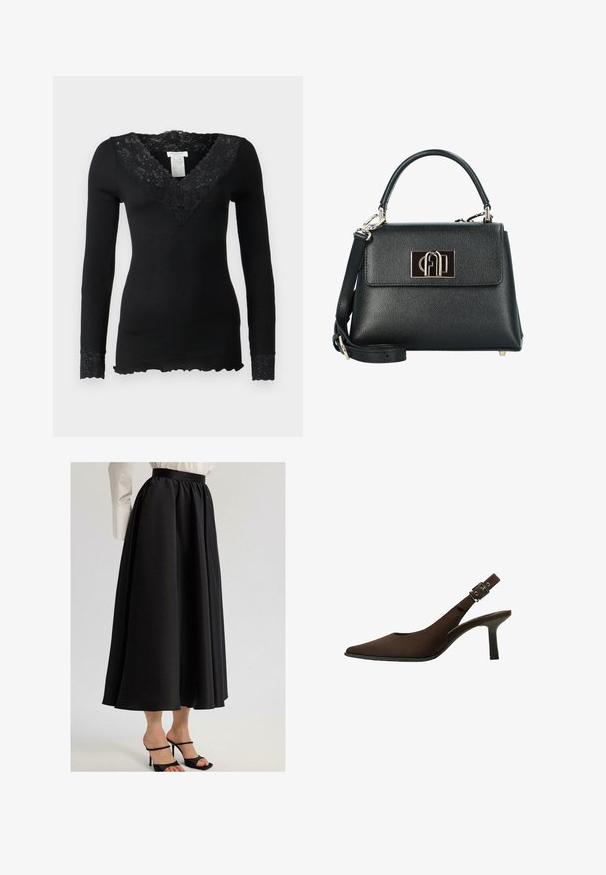 Černý top s dlouhými rukávy s žebrovanou texturou, který má květinový krajkový výstřih a krajkové akcenty na manžetách. V dolní části s vlnitým lemem.; Černá maxi sukně vyrobená z hladkého materiálu, s nařaseným pasem a splývavým střihem, v kombinaci s černými sandály na podpatku.; Hnědé semišové slingback lodičky s špičatou špičkou, elegantním designem, tenkým podpatkem a spony na kotníkovém popruhu.; Černá kožená kabelka s texturou a strukturovaným tvarem, vybavená vrchním uchem, odnímatelným ramenním popruhem a zapínáním s logem ve zlaté barvě.; Zlatý obdélníkový náramkový hodin s bílým ciferníkem, stříbrnými indexy a odolným kovovým náramkem. Obsahuje voděodolnou funkci.