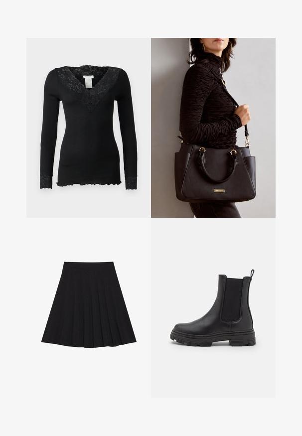 Fekete, hosszú ujjú felső, bordás textúrával, virágmintás csipkebetéttel a nyaknál és csipkás díszítéssel a mandzsettákon. A legalján hullámos szegés található.; Fekete, pliszírozott szoknya texturált anyagból, szűk derékpánttal. Térd alá ér, sima, letisztult vonalvezetéssel.; Fekete bőrből készült bokacsizma, elasztikus oldalpanellel, kerek orral és textúrált gumitalppal. Hátulján hurok található a könnyű felhúzás érdekében.; Fekete kézitáska texturált felülettel, dupla felső fogantyúval és állítható vállpánttal. Arany színű fém kiegészítők és oldalsó zsebek találhatók rajta.