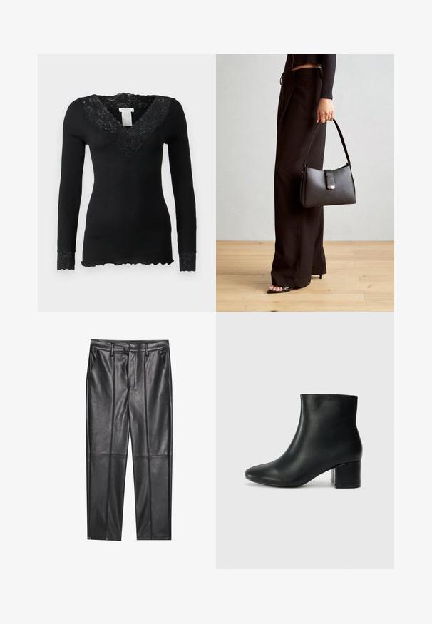 Camisola preta de manga longa com uma textura canelada, apresentando um decote de renda floral e detalhes em renda nas mangas. Detalhe de bainha rendilhada na parte inferior.; Calças de pele preta com uma textura suave, apresentando um ajuste reto, dois bolsos frontais e detalhes de costura visíveis.; Botas de tornozelo em pele preta com bico pontiagudo e um salto robusto. Textura suave com acentos mínimos e um design ajustado e elegante.; Bolsa preta com forma estruturada, textura suave e um fecho metálico. Combinada com calças largas pretas e sandálias de salto aberto sobre um chão de madeira.