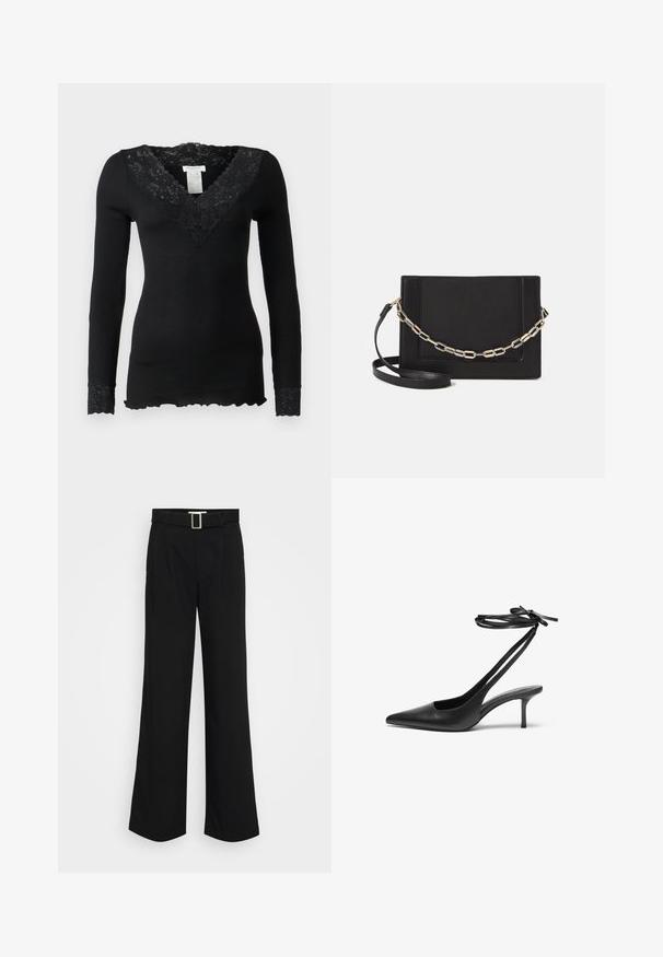 Musta pitkähihainen paita, jossa on ribbitekstuuri, ja siinä on kukkakuvioinen pitsikaulus sekä pitsikoristeet hihoissa. Helma on sahalaitainen.; Musta leveälahkeinen housut, jotka on valmistettu kevyestä kankaasta, jonka pinta on sileä. Housuissa on etulaskokset ja vyö, jossa on neliön muotoinen metallisolki.; Mustat nahkaiset stiletto-kengät, joissa on terävä kärki, avoin takaosa ja nilkkahihnat solmittuina rusetiksi. Kapea 3-tuumainen korko. Tasainen pinta, minimalistinen muotoilu.; Musta nahkainen olkalaukku, jossa on sileä pinta, suorakulmainen muoto ja metalliketju yksityiskohtana edessä. Mukana säädettävä hihna.