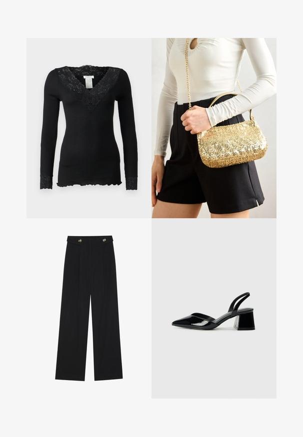 Schwarzes Langarmoberteil mit gerippter Textur, mit einem floralen Spitzenkragen und Spitzenakzenten an den Bündchen. Spitzensaumdetails am unteren Rand.; Schwarze weite Hosen mit hoher Taille, Knopfdetails am Bund und vorderen Falten.; Schwarze Lackleder-Slingback-High Heels mit spitzem Schuh und einem geometrischen Blockabsatz. Verfügt über ein schlankes, minimalistisches Design und eine glatte Textur.; Goldfarbene Paillettenhandtasche in rechteckiger Form, mit einem kurzen Griff und einem langen Kettenriemen. Die Textur ist glänzend und reflektierend.