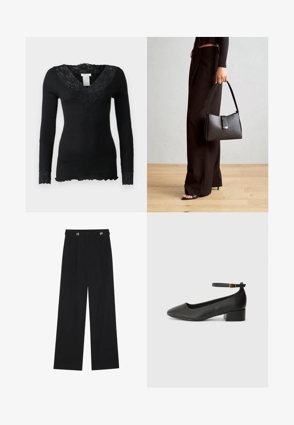 Black long-sleeve top with a ribbed texture, featuring a floral lace neckline and lace accents at the cuffs. Scalloped hem detail at the bottom.; Black wide-leg trousers with high waist, button details on waistband, and front pleats.; Black leather pump with a pointed toe and a low block heel. Features an ankle strap with a gold-tone buckle. Smooth texture.; Black handbag with structured shape, smooth texture, and a metallic clasp. Paired with wide black pants and open-toe sandals on wooden floor.