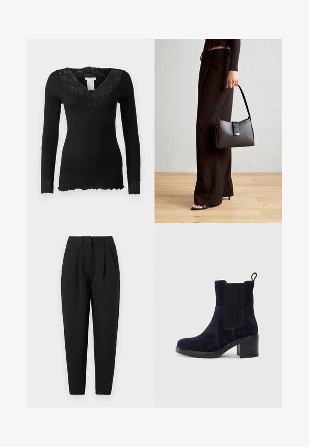 Must-have must-haves: must-have must-haves; Mustad püksid sirge lõikega, millel on voldid ees, sile tekstuur ja küljehoiukotid. Vöökoht on standardkõrgus.; Tumedat siniset nahast sääre pooled saapad elastse külgpaneeliga, ümmarguse ninaga ja blokkninaga. Tekstuuriga kangas ja siledad tallad lisavad kontrasti.; Must musta kott, millel on struktureeritud kuju, sile tekstuur ja metallist klamber. Kombineeritud laiate mustade pükstega ja avatud varvaste sandaalidega puidust põrandal.