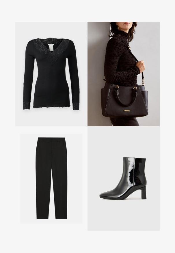 Czarny longsleeve z prążkowanej tkaniny, z dekoltem z koronką w kwiatowy wzór i koronkowymi akcentami przy mankietach. Falbaniasty detal u dołu.; Czarne spodnie o dopasowanym kroju, z bocznymi kieszeniami i prostą nogawką. Wykonane z gładkiego, lekkiego materiału o eleganckim wykończeniu.; Czarne lakierowane botki za kostkę z wysmukłym noskiem i średniej wysokości obcasem w kształcie słupka. Gładka tekstura i minimalistyczny design.; Czarna torebka z teksturowanej powierzchni, podwójnymi uchwytami na górze i regulowanym paskiem na ramię. Posiada złote okucia i boczne kieszenie.