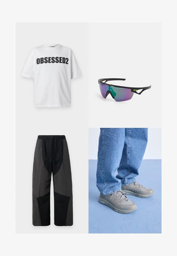 Bela bomba iz bombaža s poudarjenim, črnim, ukrivljenim grafičnim napisom "OBSESSED2" spredaj. Kratke rokave in udoben kroj.; Črne hlače z mehkim flisom in sproščenim krojem, ki imajo kontrastne temno sivo obarvane tkaninske panele ter nastavljiv pas z vrvico.; Sive športne čevlje z teksturirano površino, ki imajo gelasto oblazinjenje podplata in vzorčaste poudarke, oblečene z svetloblue jeans hlačami.; Športne sončna očala z črnim okvirjem, velikimi gradacijskimi lečami v vijoličnih in zelenih odtenkih ter oglatimi oblikovnimi poudarki z logotipom.