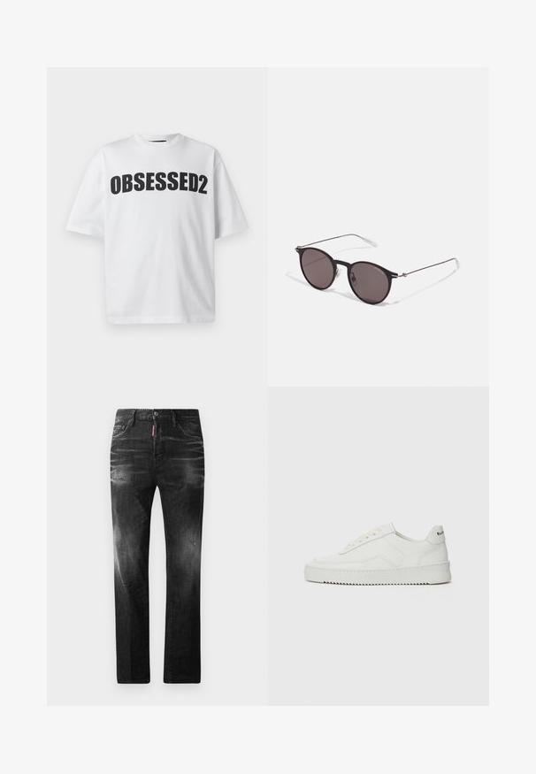 Weißes Baumwoll-T-Shirt mit einem auffälligen, schwarzen, gewölbten "OBSESSED2"-Grafik auf der Vorderseite. Kurze Ärmel und lockerer Schnitt.; Schwarze Jeans aus Denim mit geradem Schnitt. Verfügt über ausgebleichte Bereiche, leichte Abnutzung, klassisches Fünf-Taschen-Design und einen Knopfverschluss.; Weiße Ledersneaker mit glatter Oberfläche, runder Zehenpartie, flachen Schnürsenkeln und strukturiertem Sohlenprofil. Mit einem dezenten Logo an der Ferse.; Schwarze runde Sonnenbrille mit dunklen Gläsern und schlanken Metallbügeln. Enthält klare Tempelspitzen und silberne Akzente am Scharnier. Minimalistisches Design.