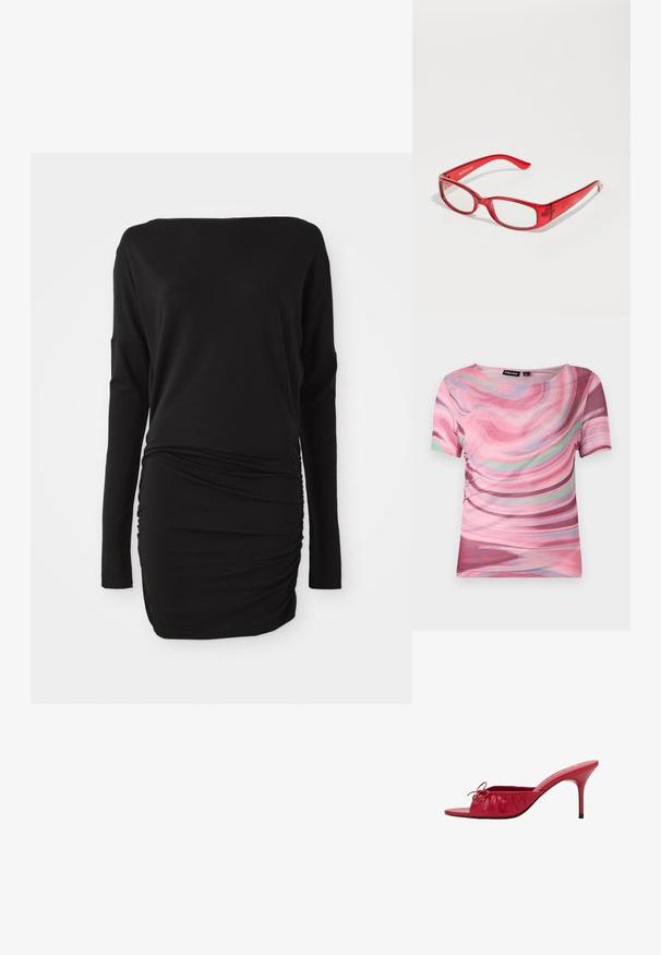 Tričko s krátkým rukávem s růžovo-fialovým vírovým vzorem, vyrobené z lehké tkaniny s kulatým výstřihem a elastickým střihem.; Černé šaty s dlouhým rukávem vyrobené z měkké látky, s lodní výstřihem a nařasením na bocích, což vytváří uzpůsobenou siluetu.; Červené kožené pantofle s otevřenou špičkou a nařaseným, plisovaným designem se zdobnou mašlí. Mají jehlový podpatek a hladký povrch.; Červené plastové brýle s obdélníkovým rámem, čirými čočkami a úzkými stranicemi. Logo značky "even&odd" je vyraženo na stranici.; Červená lesklá kožená kabelka trojúhelníkového tvaru, široké horní otevírání a jeden zakřivený popruh. Hladký povrch s minimálními detaily šití.