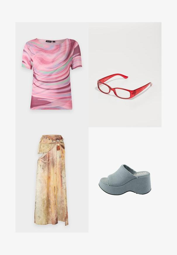 Kortermet T-skjorte med et rosa og lilla swirl-mønster, laget av lett stoff med rund hals og elastisk passform.; Lang, drapert skjørt laget av lagdelt, teksturert stoff i varme toner av gult, oransje og brunt. Har et dekorativt perlebelt. ; Lys blå plattformssandal med frynsete tekstiloverdel, åpen tå-design, tykk, rund såle og teksturert grå yttersåle.; Røde plastikkbriller med rektangulær ramme, klare linser og tynne armer. Merkevarenavnet "even&odd" er preget på stangen.
