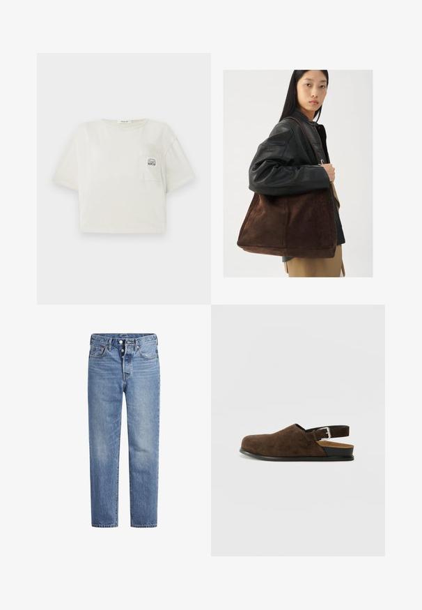 Tricou scurt, cu mâneci scurte, din bumbac off-white. Are un buzunar frontal cu un logo imprimat și un decolteu rotunjit. Textură netedă.; Jeans din denim de un albastru deschis, cu croi drept, design cu cinci buzunare și închidere cu buton. Prezintă decolorări subtile și cusături accentuate de culoare portocalie.; Pantofii din suede maro, slip-on, cu un toc mic, o curea ajustabilă cu o cataramă argintie și o talpă din cauciuc negru.; Geantă de umăr din suede maro, cu o formă largă și o textură moale, având o singură curea și hardware minim pe un fundal neutru.