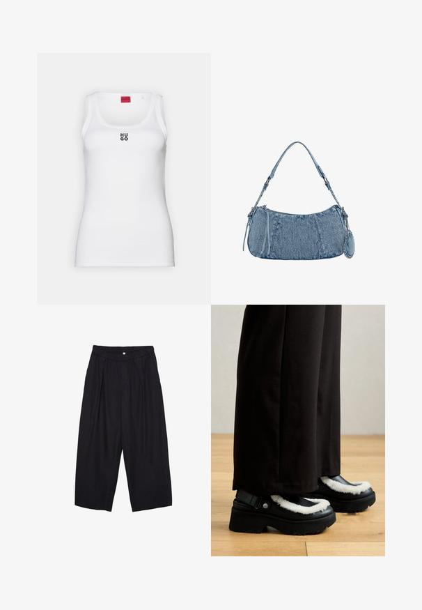 Bijela majica bez rukava od pamuka, jednostavnog dizajna s okruglim izrezom i crnim "HUGO" logotipom na sredini. Glatka tekstura.; Crne poliester hlače culotte s elastičnim pojasom, dva prednja nabora i širokim krojem. Nema vidljivih uzoraka ili metalnih detalja.; Crne platforme imaju bijeli krzneni obrub, zaobljeni nos i remen s metalnom kopčom. Nosi se s crnim hlačama na drvenom podu.; Denimska torba s zakrivljenim oblikom, svijetloplave boje, podesivim remenom za rame i malim odvojivim džepom s metalnim akcentima.