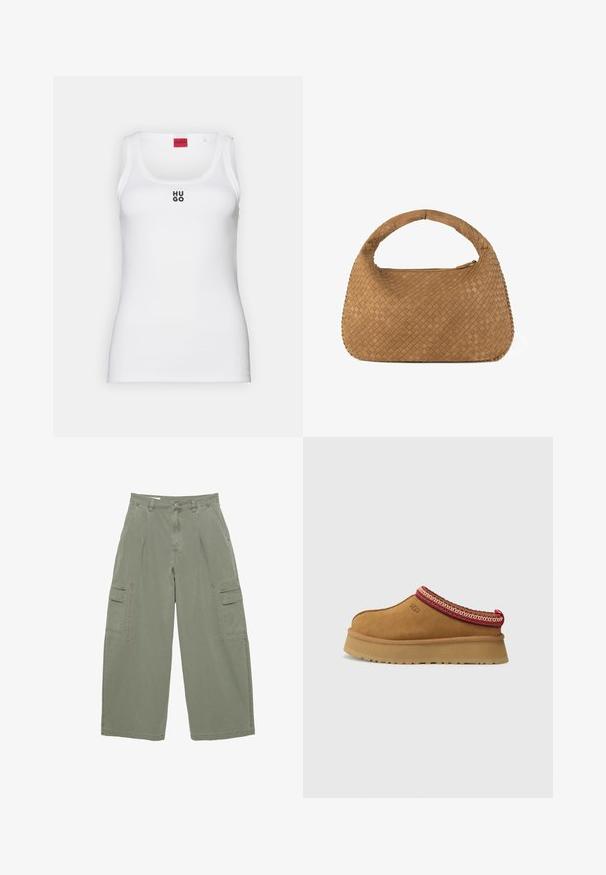 Biała koszulka na ramiączkach wykonana z bawełny, charakteryzująca się prostym designem, zaokrąglonym dekoltem i czarnym logo "HUGO" na środku. Gładka faktura.; Oliwkowe spodnie cargo o szerokich nogawkach, z dwoma bocznymi kieszeniami i zapięciem na guziki. Wykonane z trwałej bawełny.; Brązowy zamszowy but wsuwany z czerwono-kremowym ozdobnym wykończeniem, teksturowaną podeszwą i logo UGG z boku. Posiada lekko podwyższone podłoże.; Spleciona torebka w odcieniu brązowym z zaokrąglonym uchwytem, wykonana z miękkiej skóry. Posiada zamek błyskawiczny oraz misterny wzór plecionki.