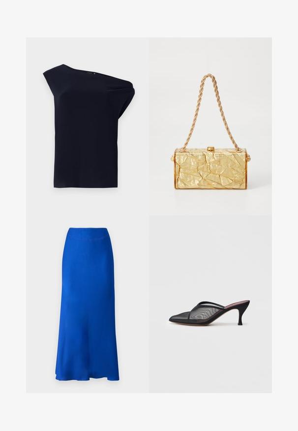 Asymetrický čierny top vyrobený z hladkej tkaniny s jemným prepadom. Má dizajn s jedným ramenom a minimálne detaily.; Modrá saténová sukňa s rozšíreným strihom, ktorá má hladký povrch a pohodlný pás. Lem sa nachádza tesne pod kolenami.; Čierne sieťované muly s špicatou špičkou, tenkými popruhmi a 3-palcovým ihlovým podpätkom. Obsahujú priehľadnú textúru a pevnú tónovú podrážku.; Zlatá kabelka s pokrčenou textúrou, s obdĺžnikovým tvarom, disponujúca reťazovým popruhom a zapínaním na vrchu. Hladký, lesklý povrch.