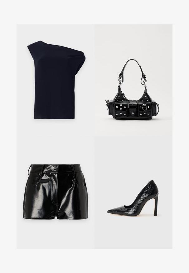 Asümmeetriline must topp, mis on valmistatud siledast kangast ja millel on kerge laskumine. Omab ühte õlavarre disaini ja minimaalseid detaile.; Mustad, läikivad lühikesed püksid sünteetilisest materjalist. Omab kitsast piha, vöölõike ja esimesi taskuid, millel on silmapaistvad õmbluse detailid.; Mustan teravaotsaga kõrge kontsaga king, millel on krokodillimustriga tekstuur, stiilne disain, kõrge stilettokonts ja sile must sisesisustus.; Must värvi nahast käekott, millel on kaarjas disain, hõbedased nupukesed, kinnitusahe ja kaks külgtaskut. Reguleeritav rihm erinevate kandmisvõimaluste jaoks.