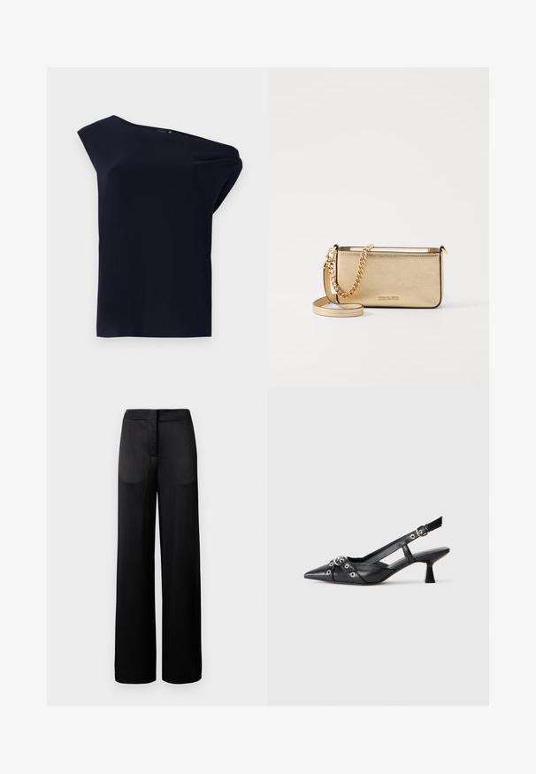 Asimetriška juoda palaidinė, pagaminta iš lygaus audinio su lengvu drapiruojimu. Pasižymi vienos peties dizainu ir minimaliais akcentais.; Plati juodų kelnių, turinčių tekstūruotą paviršių, su lygiu juosmeniu ir dviem šoninėmis kišenėmis. Audinys atrodo lengvas ir plazdantis.; Juodas odinis slingback tipo batai su smailiu priekiniu atvartu, dekoratyvinėmis sagtimis su metaliniais akyčiais ir žemu blokiniu kulnu. Saldus paviršius.; Metaliniu auksu padengtas odinis rankinukas su tekstūruotu paviršiumi, kuris turi auksinį grandinėlės dirželį ir nuimamą petį. Įspaustas prekės ženklas.