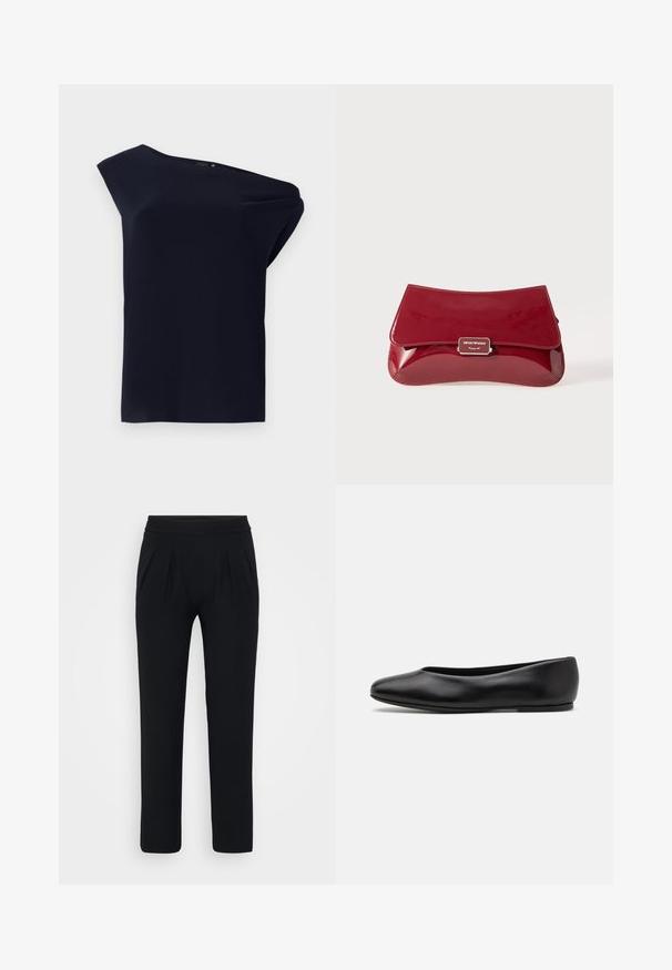 Top assimétrico preto feito de um tecido liso com um ligeiro caimento. Apresenta um design de um só ombro e detalhes mínimos.; Calças pretas, de perna larga, feitas de tecido suave. Apresenta um cós elástico e dois pregas frontais. Sem padrões visíveis ou acessórios.; Paul Smith TOPANGA - Sabrinas - black; Clutch em pele vernizada vermelha com um design curvado, aba a dobrar e um detalhe de logótipo em metal numa placa prateada. Textura suave e brilhante.