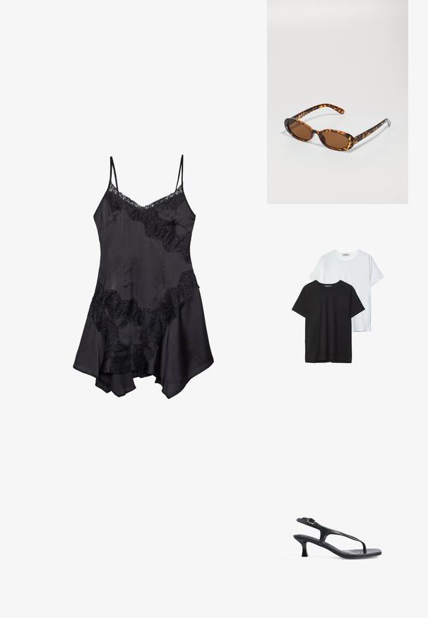 Kaksi perus T-paitaa, yksi musta ja yksi valkoinen, pehmeästä puuvillasta valmistettuja. Molemmissa on lyhyet hihat ja pyöreä kaula-aukko, ilman näkyviä logoja.; Musta satiini slip-mekko pitsireunalla, jossa on säädettävät ohuet hihnat ja liehuva helma, pehmeä materiaali ja koristeelliset röyhelöyksityiskohdat.; Mustat nahkasandaalit, joissa on hoikka muotoilu, ohuet hihnat ja pieni korko. Varustettu solkiyksityiskohdalla ja sileäpintaisella pohjalla.; Silmustäkkilised prillid ovaalsete raamidega, pruunid läätsed ja õhukesed mustad käepidemed, millel on peened mustri aksendid.; Musta tekstuuriline ostukott lühikeste käepidemetega, millel on kuldne lukustus ja aktsendid. Kujundus on struktureeritud koos geomeetrilise siluetiga.
