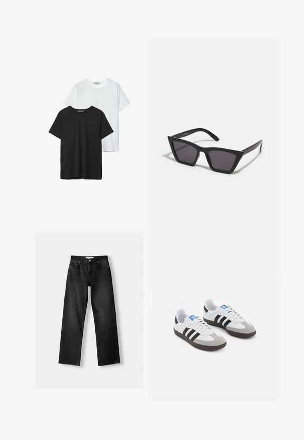 Två grundläggande t-shirts, en svart och en vit, tillverkade av mjuk bomull. Båda har korta ärmar och rund halsringning, utan synliga logotyper.; Bershka Jeans straight leg - mottled dark grey; Sportskor med överdel i vit läder, grå mocka på tårna och tre svarta ränder. Har en blå logotyp på tungan och en texturerad gummisula.; Svarta, vinklade solglasögon med grå linser; tillverkade av plast, med tjocka skalmar med en slät yta och utan synlig hårdvara.