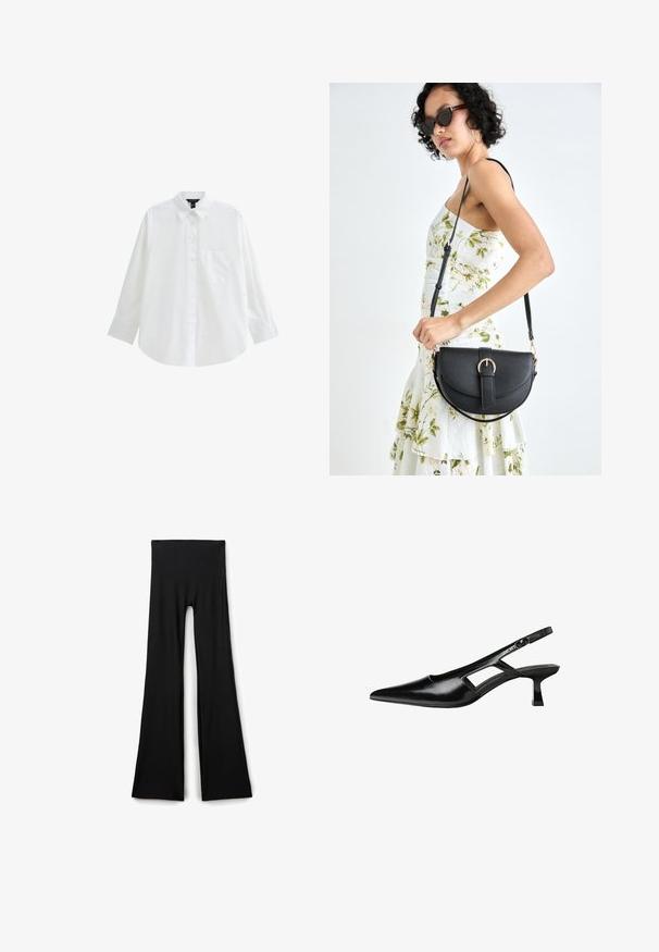 White long-sleeve button-up shirt, made of cotton, featuring a classic collar, a single chest pocket, and a relaxed fit.; Black wide-leg pants made of stretchy fabric, featuring a high waist and a smooth texture with no visible patterns or accents.; Black patent leather slingback heels with a pointed toe, cut-out side design, and a small square heel. Smooth texture with minimal accents.; Black leather handbag with a curved shape, detachable strap, and gold hardware. The bag features a flap with a buckle detail.