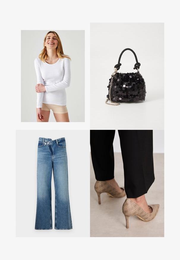 Langsleeve, scoopneck top in het wit, gemaakt van een zachte, geribbelde stof. Een gladde textuur en een getailleerd ontwerp, gecombineerd met beige shorts.; Lichtblauwe flared jeans met een hoge taille, voorzien van twee knopen en voorzakken. De stof heeft een vervaagde textuur met subtiele variaties.; Beige hoge hakken met een gestructureerde stof met een herhalend patroon. Puntige neusontwerp met een achteraccent en gouden hakdetail.; Zwarte pailletten mini handtas met een geknoopte textuurriem en zilveren ketting. Rondvormig met een geplooide bovenkant en reflecterende details.