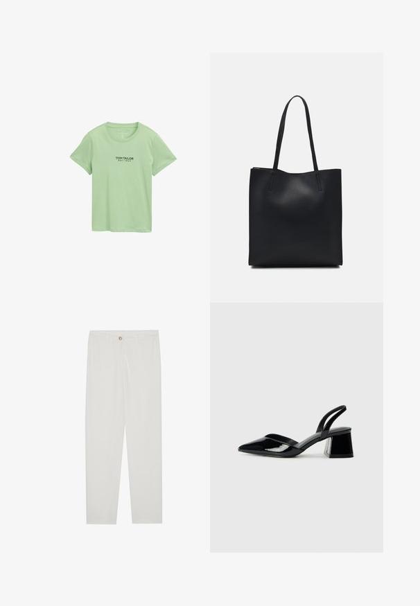 Šviesiai žalia trumpomis rankovėmis medvilninė marškinėliai su apvalia kaklo iškirpte ir juodu užrašu "Tom Tailor EST. 1962" spausdintu viduryje priekyje.; Baltos, pritaikytos kelnės su tiesaus kirpimo dizainu, su sagčių uždarymu, dirželių kilpomis ir šoninėmis kišenėmis; lygus audinio tekstūros.; Juodos lakuotos odinės šlepetės su smailiu pirštu ir geometriniu bloko kulnu. Turi elegantišką, minimalistinį dizainą ir lygų paviršių.; Juodas odinis tote krepšys su lygia tekstūra, stačiakampio formos ir dviem ilgais rankenomis. Matomų metalinių detalių ar puošybos nėra.