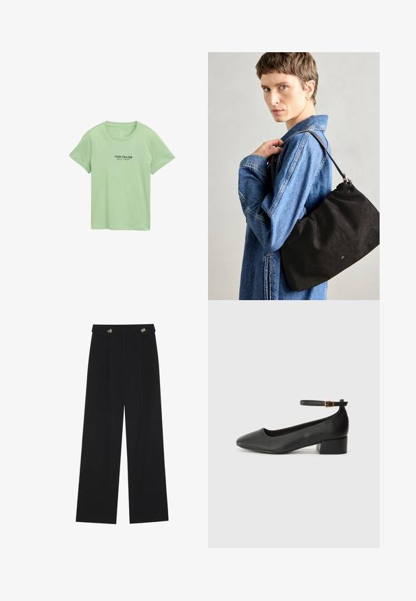 Světle zelené bavlněné tričko s krátkým rukávem a kulatým výstřihem, na přední straně uprostřed s černým potiskem "Tom Tailor EST. 1962".; Černé široké kalhoty s vysokým pasem, detailní knoflíky na pase a přední záhyby.; Černé kožené lodičky s špičatou špičkou a nízkým blokovým podpatkem. Obsahují pásek kolem kotníku se zlatou sponou. Hladký povrch.; Černá semišová kabelka s měkkým, strukturovaným tvarem, která má štíhlý kožený popruh a nenápadné logo značky. Model má na sobě džínovou bundu.
