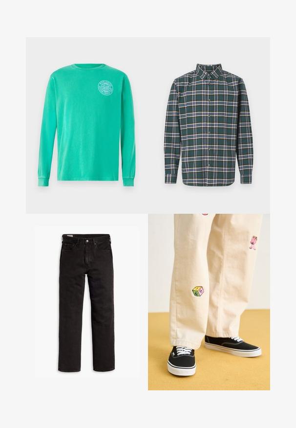Hosszú ujjú póló élénk teal színű pamutból, kerek nyakkivágással és fehér kör alakú logóval a bal mellen. Sima textúra, szűkített mandzsetták.; Zöld flanel ing, kockás mintázattal, amely kék, fehér és mustár sárga vonalakból áll. Gombos elülső rész és hegyes gallér. Hosszú ujjak.; Fekete egyenes szárú farmernadrág öt zsebbel, gombos záródással és övhurkokkal, fehér háttéren elhelyezve.; Beige pamut nadrág játékos hímzett mintákkal, beleértve egy rózsaszín karaktert és színes blokkot, fekete fűzős tornacipővel párosítva.